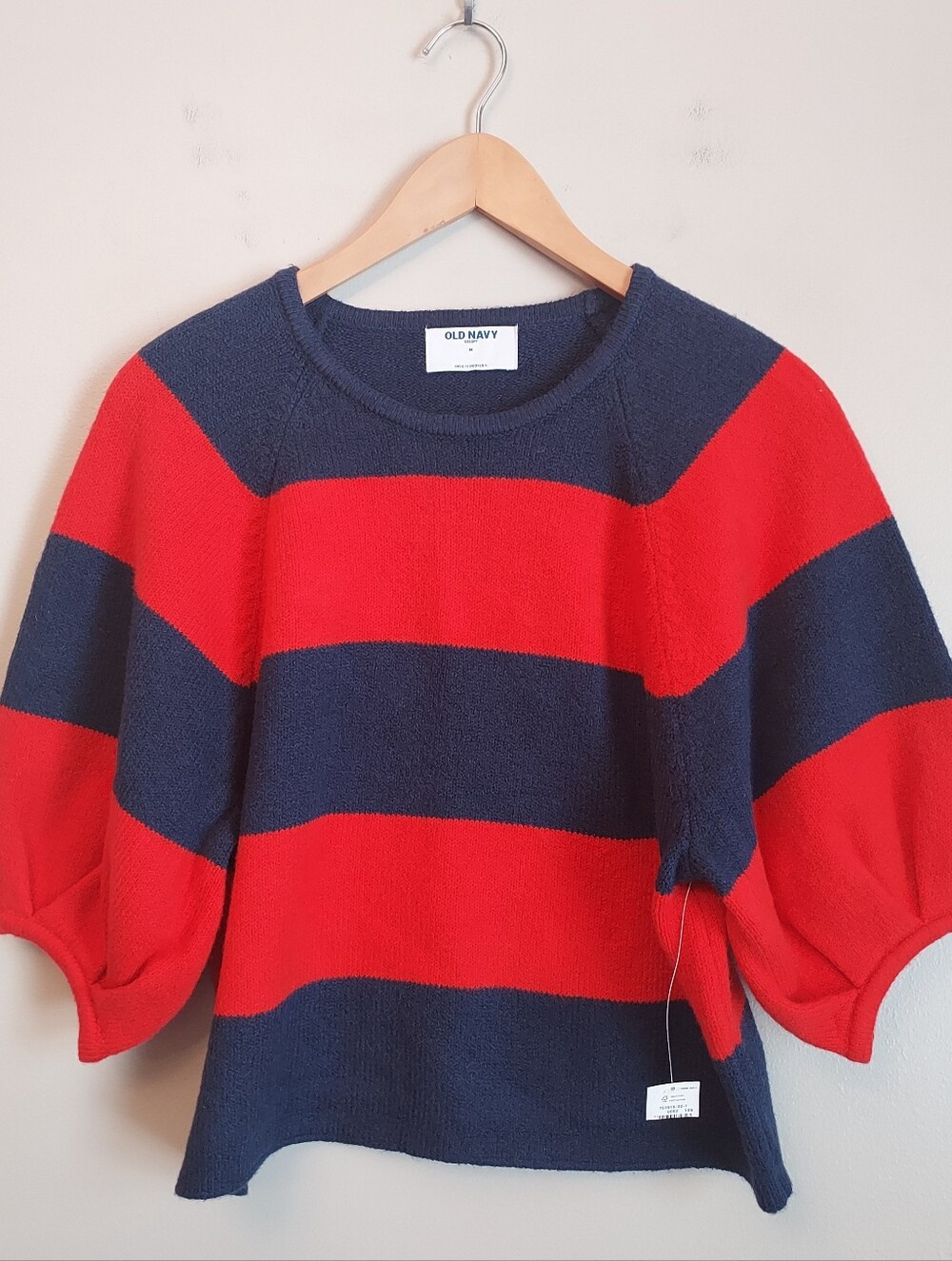 Old Navy Rugby Stripe Sweater Short Puff Sleeve Navy Blue Red Medium NEW NWT - Picture 4 of 15